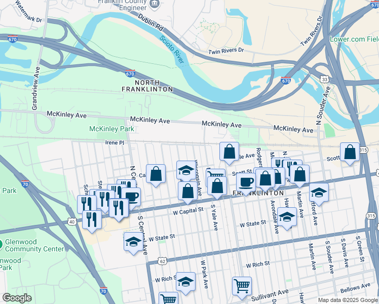 map of restaurants, bars, coffee shops, grocery stores, and more near 157 Wisconsin Avenue in Columbus