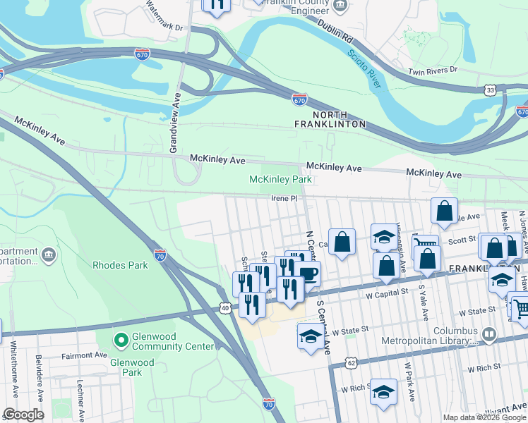 map of restaurants, bars, coffee shops, grocery stores, and more near 204 Stevens Avenue in Columbus