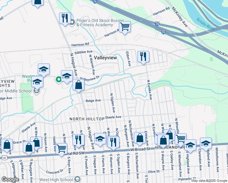 map of restaurants, bars, coffee shops, grocery stores, and more near 308 North Ogden Avenue in Columbus