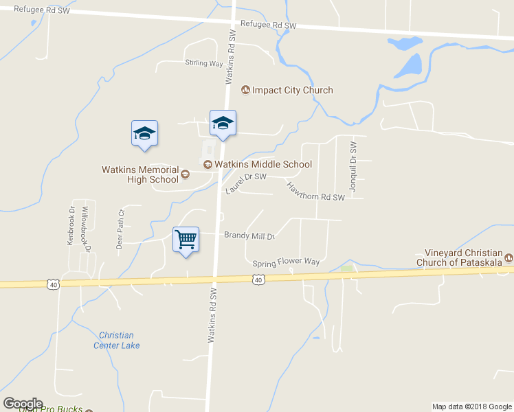 map of restaurants, bars, coffee shops, grocery stores, and more near 117 Spring Brook Court in Pataskala