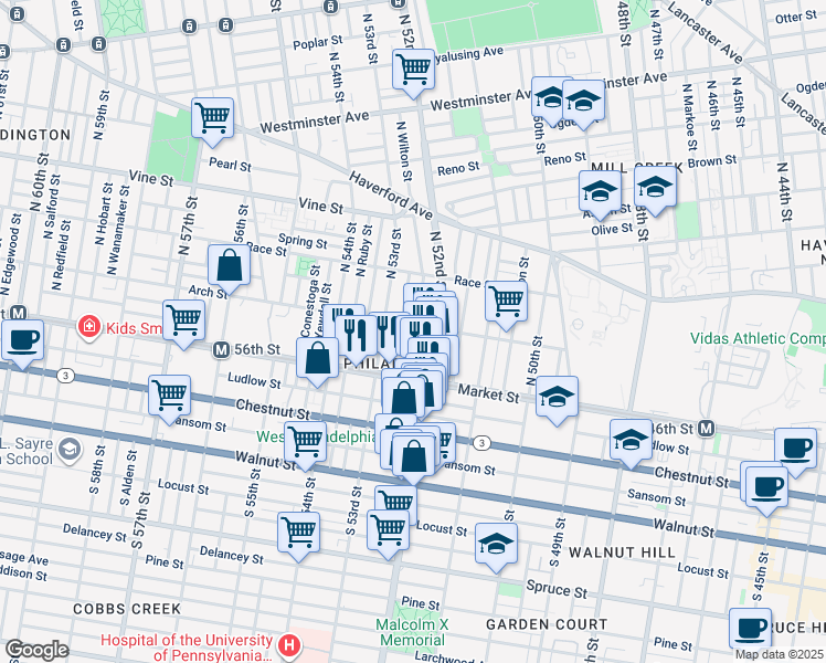 map of restaurants, bars, coffee shops, grocery stores, and more near 5222 Arch Street in Philadelphia