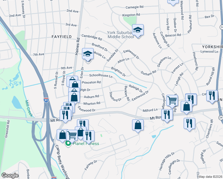 map of restaurants, bars, coffee shops, grocery stores, and more near 2525 Auburn Road in East York