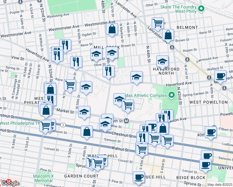 map of restaurants, bars, coffee shops, grocery stores, and more near 91 North 48th Street in Philadelphia