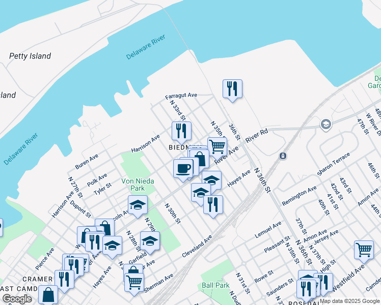 map of restaurants, bars, coffee shops, grocery stores, and more near 1065 Bergen Avenue in Camden