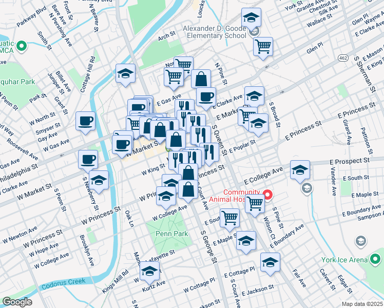 map of restaurants, bars, coffee shops, grocery stores, and more near 50 East King Street in York