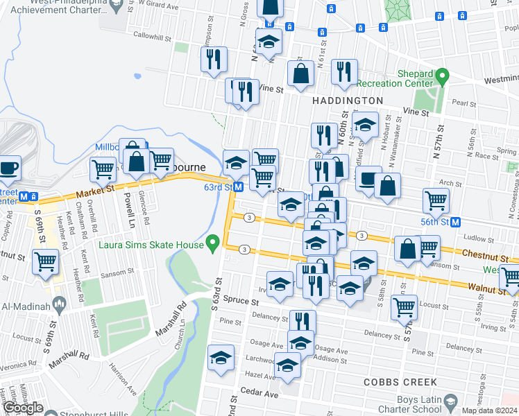 map of restaurants, bars, coffee shops, grocery stores, and more near 36 South 62nd Street in Philadelphia