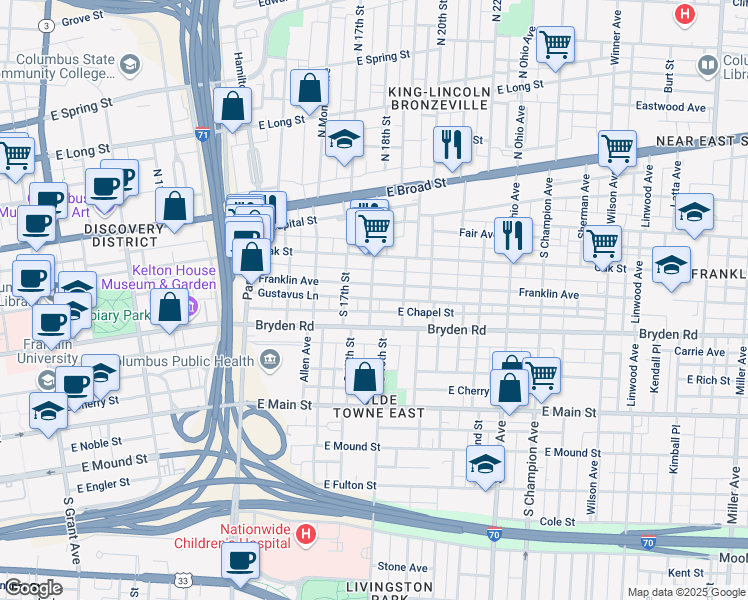 map of restaurants, bars, coffee shops, grocery stores, and more near 165 South 18th Street in Columbus
