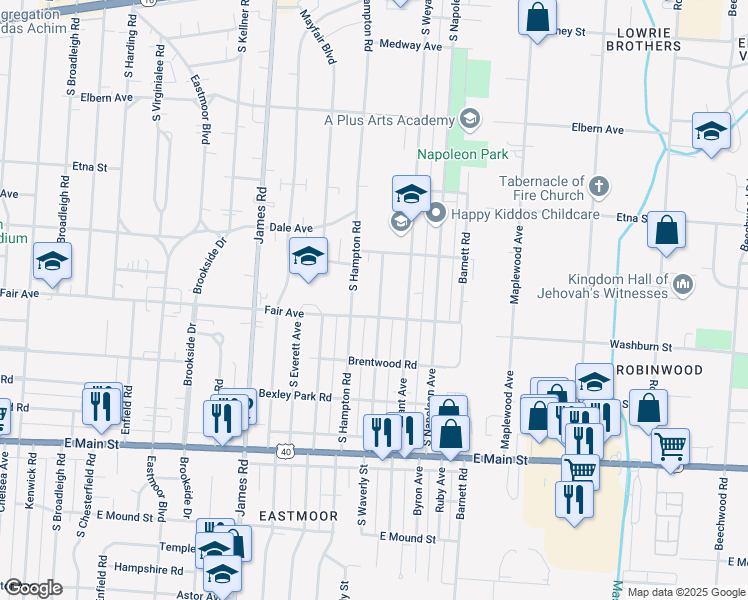 map of restaurants, bars, coffee shops, grocery stores, and more near 517 South Waverly Street in Columbus