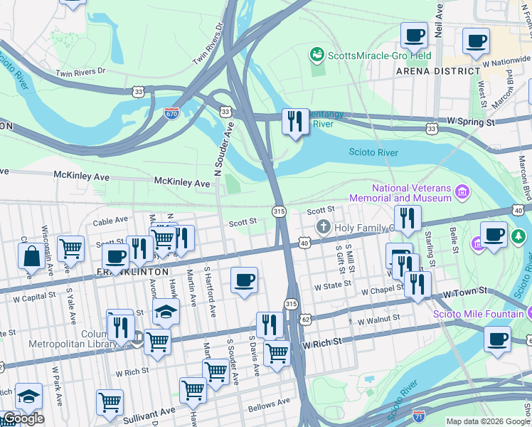 map of restaurants, bars, coffee shops, grocery stores, and more near 738 Scott Street in Columbus