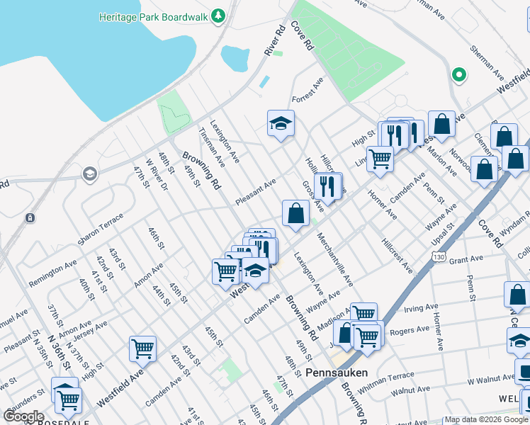 map of restaurants, bars, coffee shops, grocery stores, and more near 1756 Lexington Avenue in Pennsauken Township