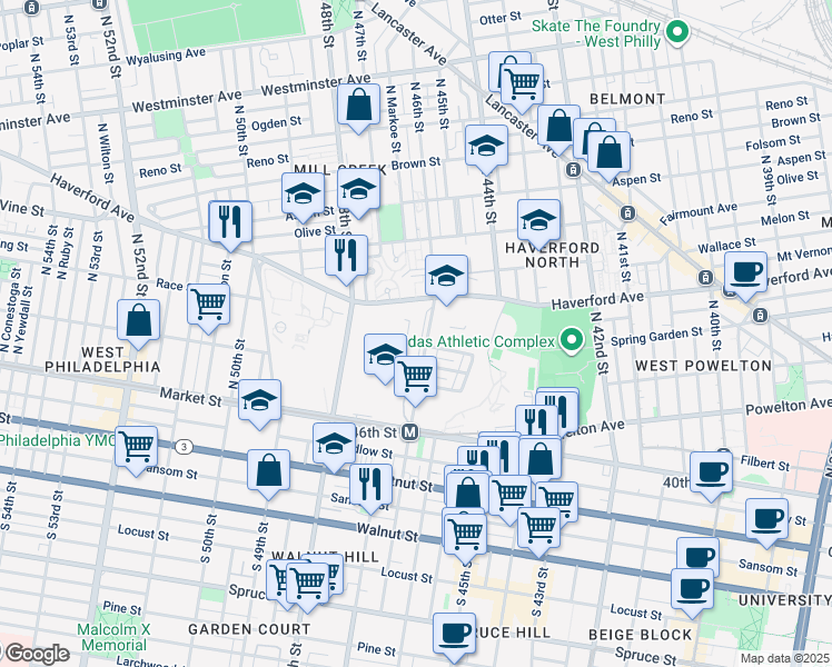 map of restaurants, bars, coffee shops, grocery stores, and more near 66 North 46th Street in Philadelphia