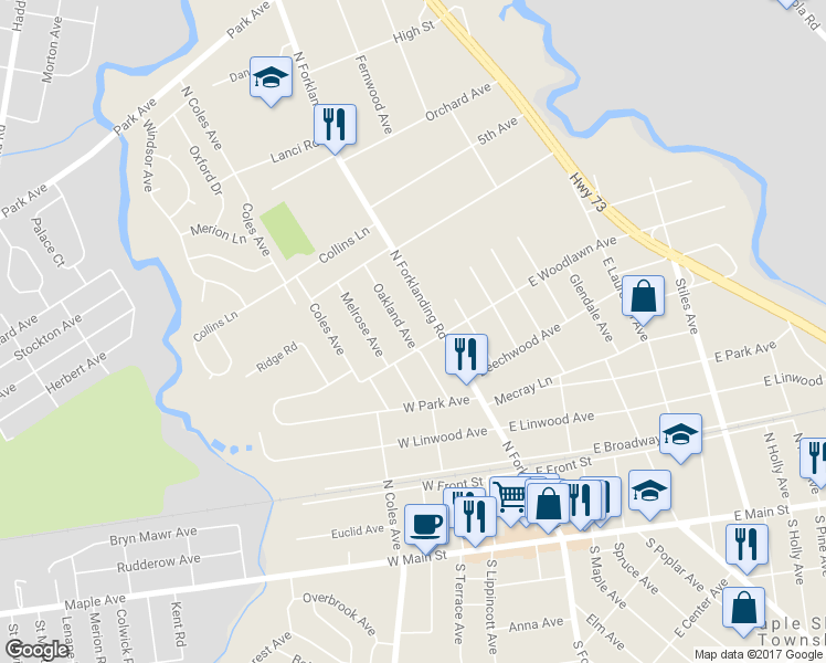 map of restaurants, bars, coffee shops, grocery stores, and more near 403 Oakland Avenue in Maple Shade Township