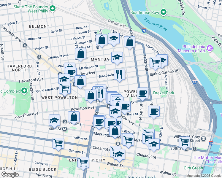 map of restaurants, bars, coffee shops, grocery stores, and more near 3622 Hamilton Street in Philadelphia