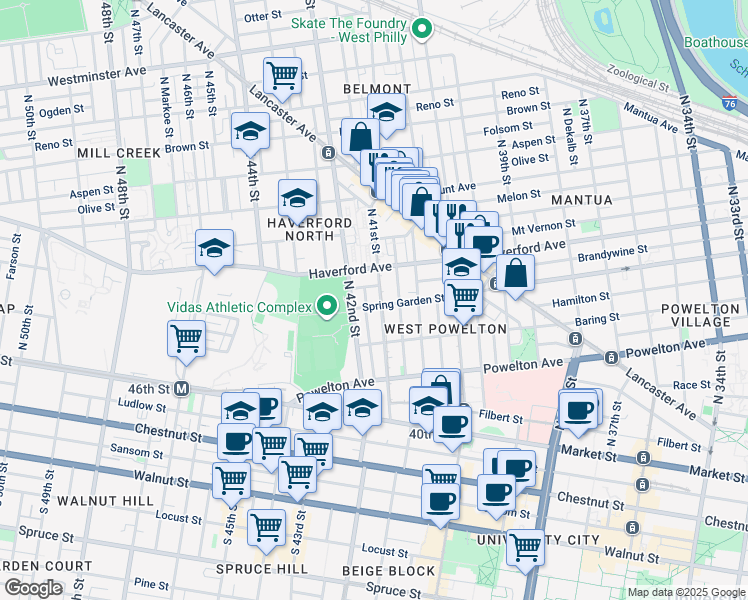 map of restaurants, bars, coffee shops, grocery stores, and more near 4107 Spring Garden Street in Philadelphia
