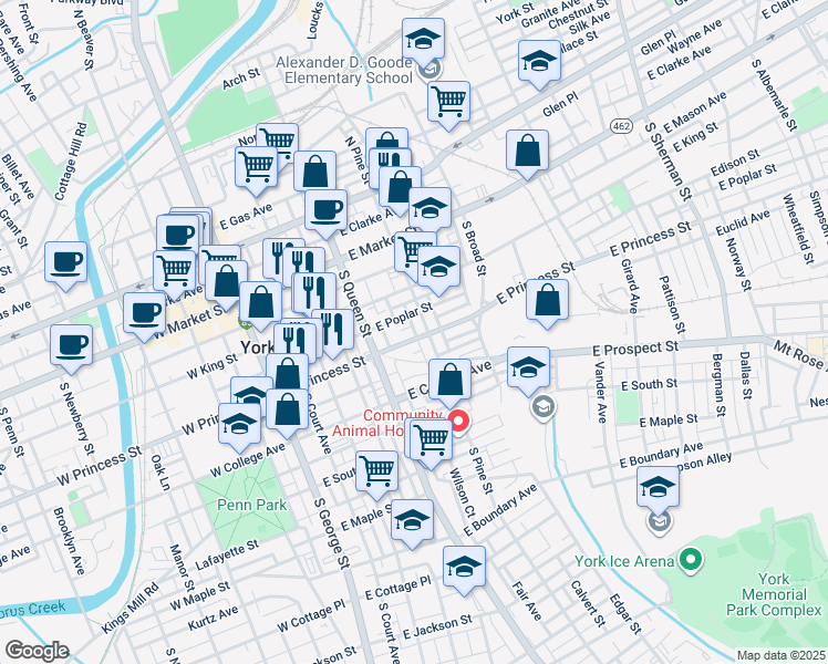 map of restaurants, bars, coffee shops, grocery stores, and more near 253 East Princess Street in York