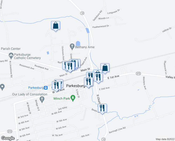 map of restaurants, bars, coffee shops, grocery stores, and more near 120 Main Street in Parkesburg