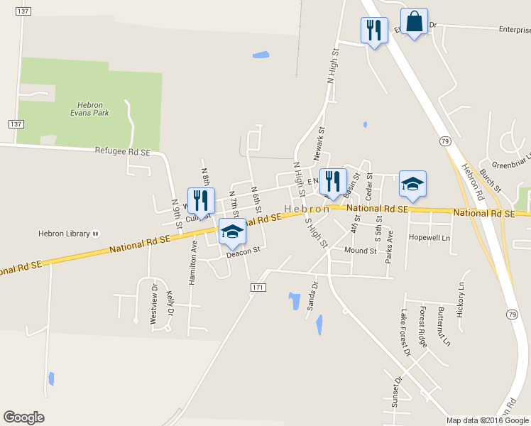 map of restaurants, bars, coffee shops, grocery stores, and more near 130 West Main Street in Hebron