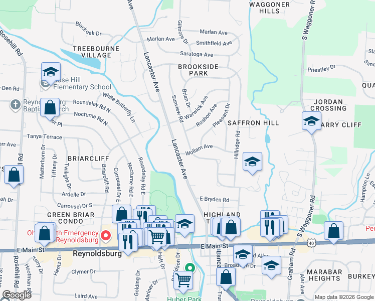 map of restaurants, bars, coffee shops, grocery stores, and more near 1065 Sunview Road in Reynoldsburg