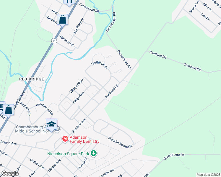 map of restaurants, bars, coffee shops, grocery stores, and more near 2353 Scotland Road in Chambersburg