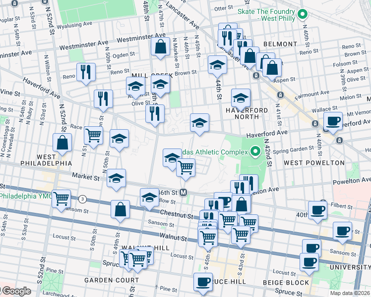 map of restaurants, bars, coffee shops, grocery stores, and more near 64 North 46th Street in Philadelphia