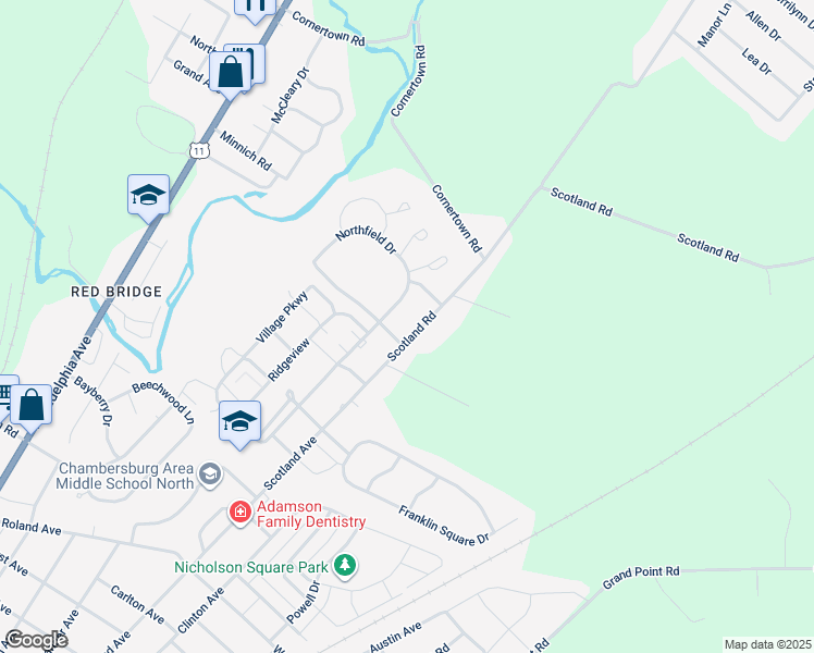 map of restaurants, bars, coffee shops, grocery stores, and more near 2353 Scotland Road in Chambersburg