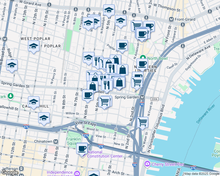 map of restaurants, bars, coffee shops, grocery stores, and more near 553 North Lawrence Street in Philadelphia