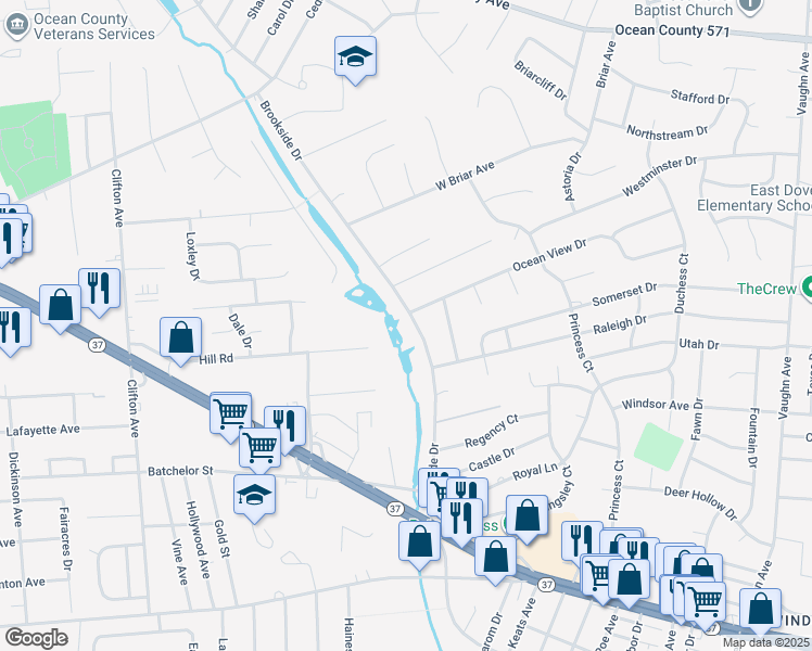 map of restaurants, bars, coffee shops, grocery stores, and more near 616 Brookside Drive in Toms River