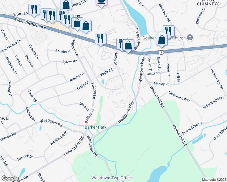 map of restaurants, bars, coffee shops, grocery stores, and more near 1709 Valley Drive in West Chester