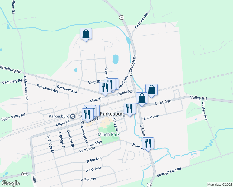 map of restaurants, bars, coffee shops, grocery stores, and more near 203 Main Street in Parkesburg