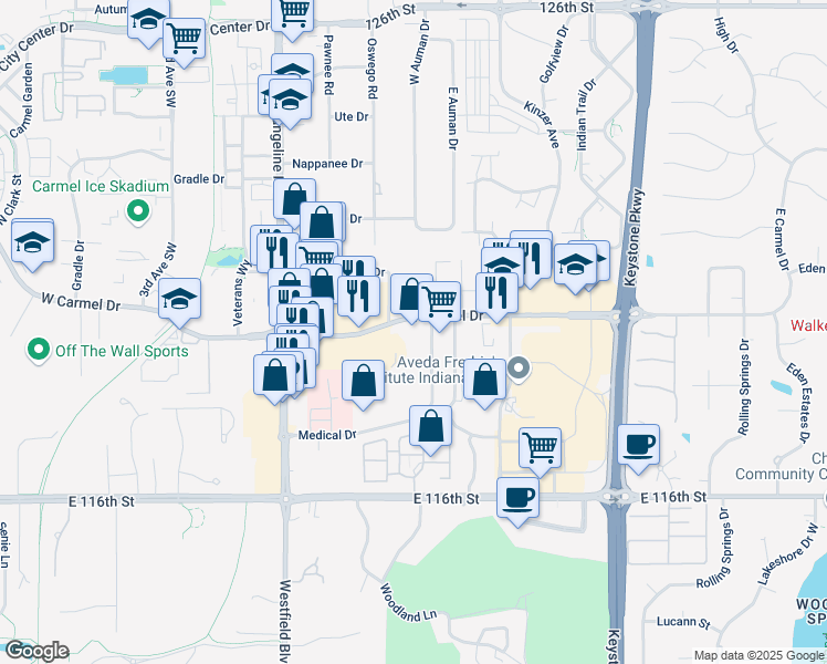 map of restaurants, bars, coffee shops, grocery stores, and more near 255 East Carmel Drive in Carmel