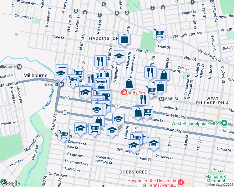 map of restaurants, bars, coffee shops, grocery stores, and more near 5900 Market Street in Philadelphia