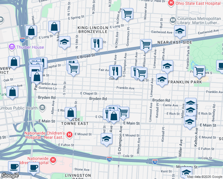map of restaurants, bars, coffee shops, grocery stores, and more near 1087 Franklin Avenue in Columbus