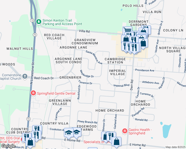map of restaurants, bars, coffee shops, grocery stores, and more near 810 Weybridge Drive in Springfield