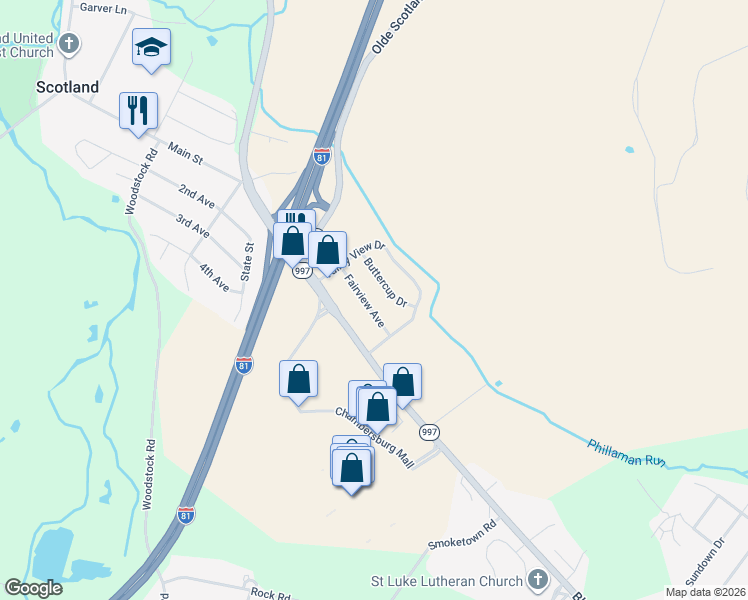 map of restaurants, bars, coffee shops, grocery stores, and more near 1585 Fairview Avenue in Chambersburg