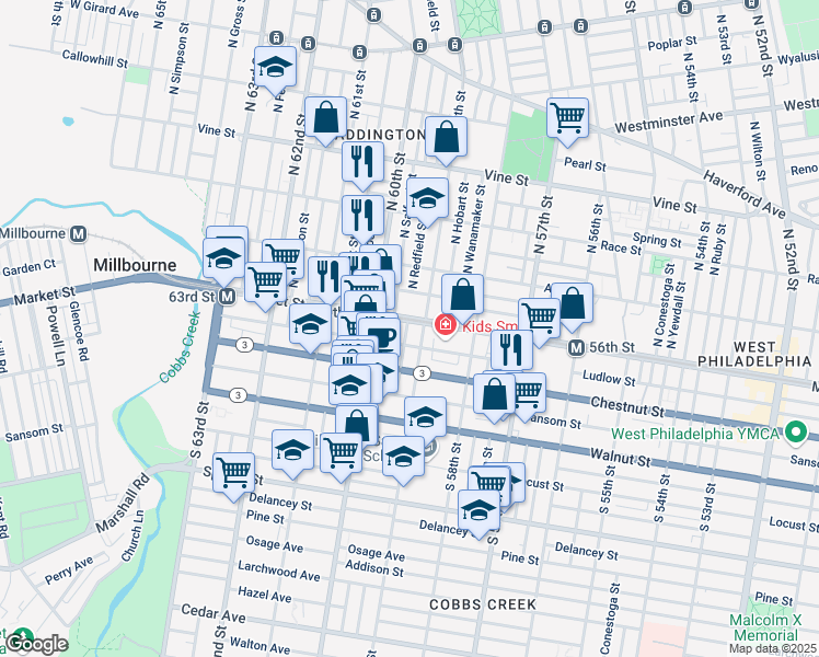 map of restaurants, bars, coffee shops, grocery stores, and more near 5916 Market Street in Philadelphia