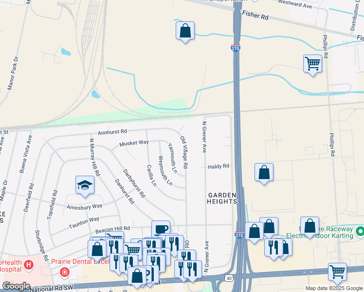 map of restaurants, bars, coffee shops, grocery stores, and more near 437 Old Village Road in Columbus