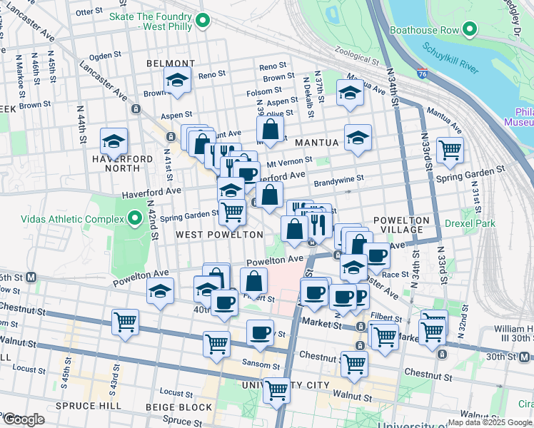 map of restaurants, bars, coffee shops, grocery stores, and more near 3874 Lancaster Avenue in Philadelphia