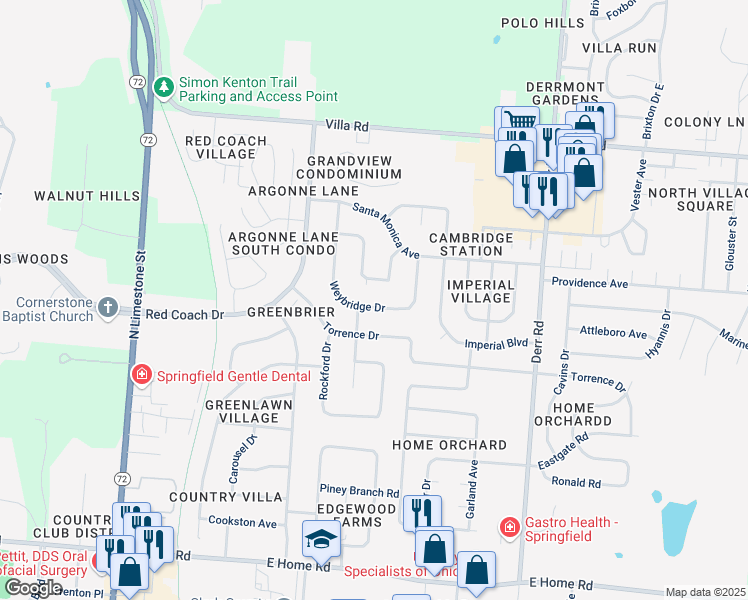 map of restaurants, bars, coffee shops, grocery stores, and more near 810 Weybridge Drive in Springfield