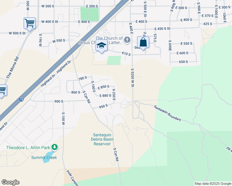 map of restaurants, bars, coffee shops, grocery stores, and more near 873 South 250 East in Santaquin