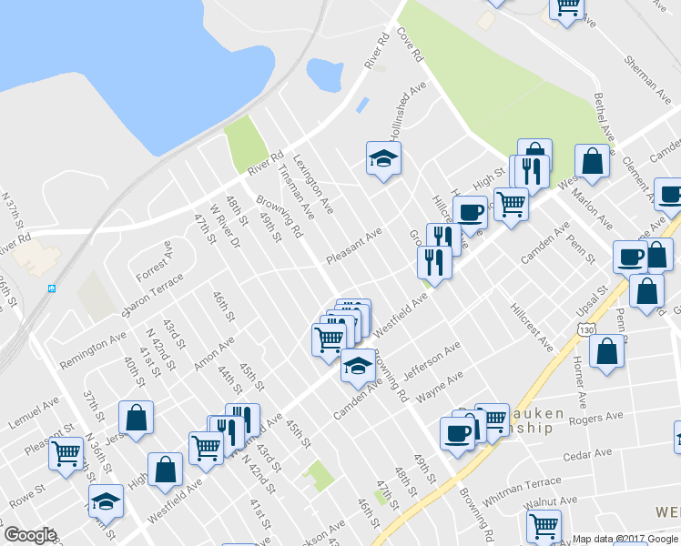 map of restaurants, bars, coffee shops, grocery stores, and more near 1723 Tinsman Avenue in Pennsauken Township