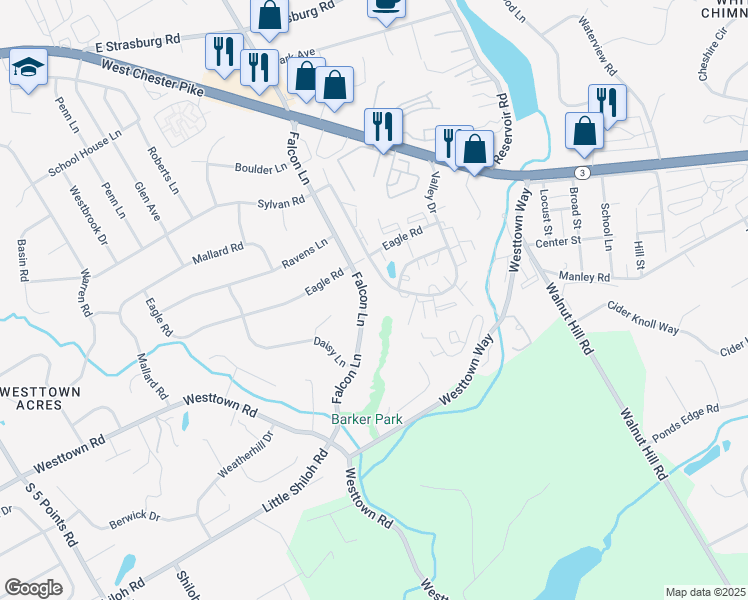 map of restaurants, bars, coffee shops, grocery stores, and more near 807 Falcon Lane in West Chester
