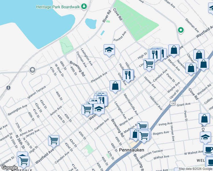 map of restaurants, bars, coffee shops, grocery stores, and more near 1756 Lexington Avenue in Pennsauken Township