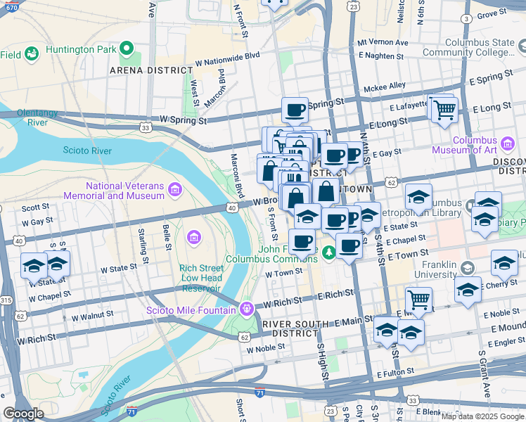 map of restaurants, bars, coffee shops, grocery stores, and more near 25 South Front Street in Columbus