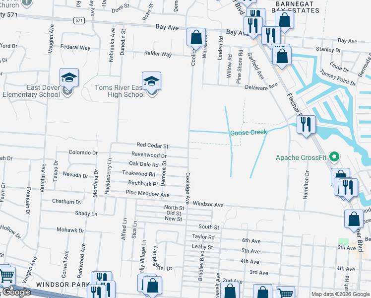 map of restaurants, bars, coffee shops, grocery stores, and more near 2023 Red Cedar Street in Toms River