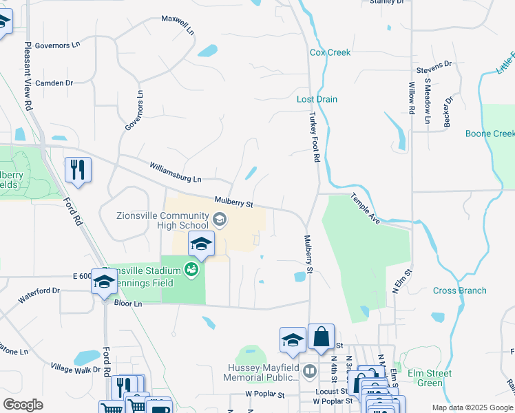 map of restaurants, bars, coffee shops, grocery stores, and more near 800 Mulberry Street in Zionsville