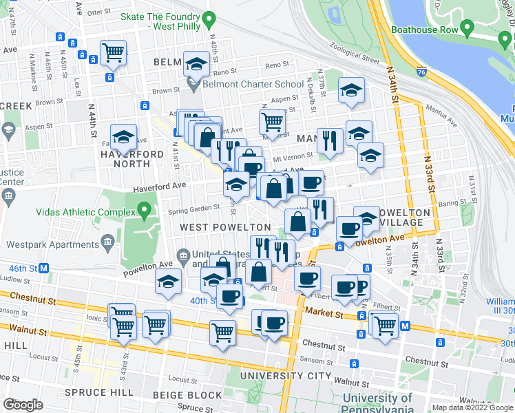 map of restaurants, bars, coffee shops, grocery stores, and more near 3934 Nectarine Street in Philadelphia
