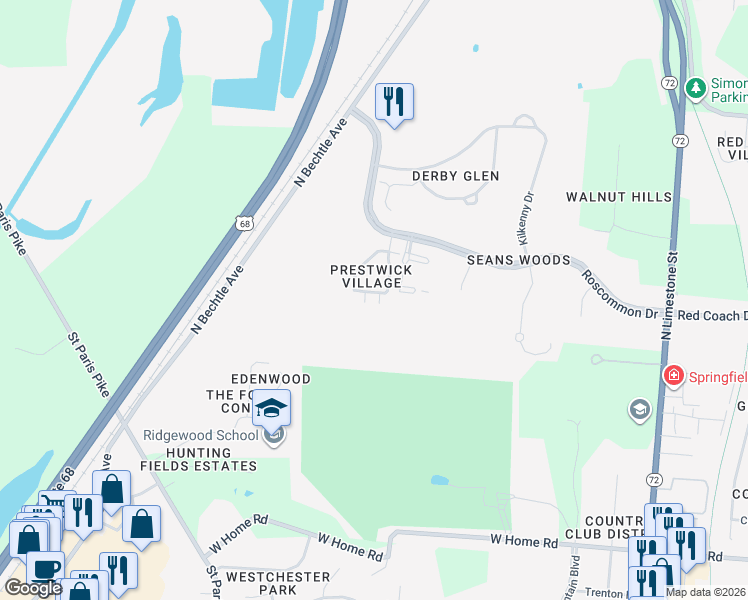 map of restaurants, bars, coffee shops, grocery stores, and more near 2643 Prestwick Village Circle in Springfield