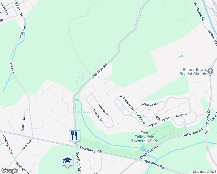 map of restaurants, bars, coffee shops, grocery stores, and more near 9 Denbigh Lane in Coatesville