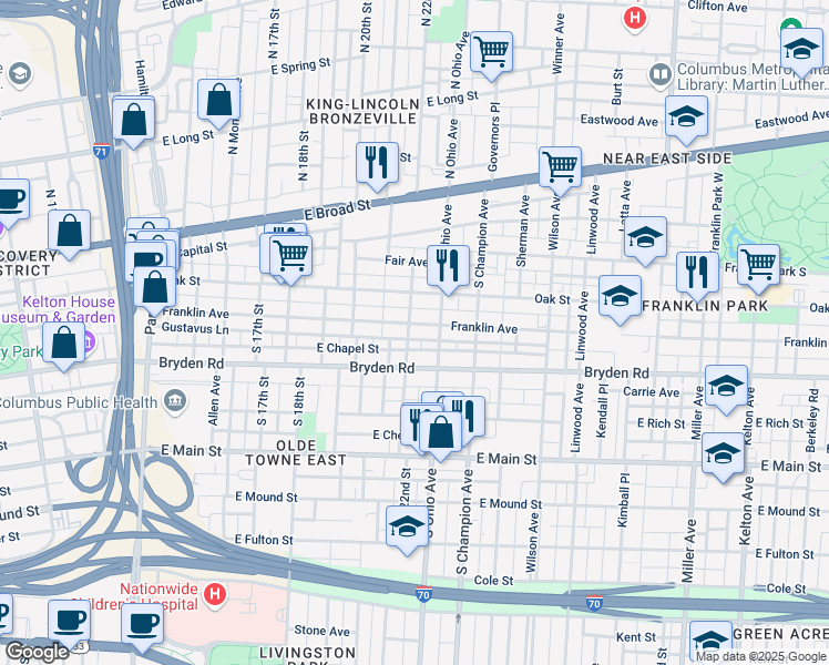 map of restaurants, bars, coffee shops, grocery stores, and more near 1087 Franklin Avenue in Columbus