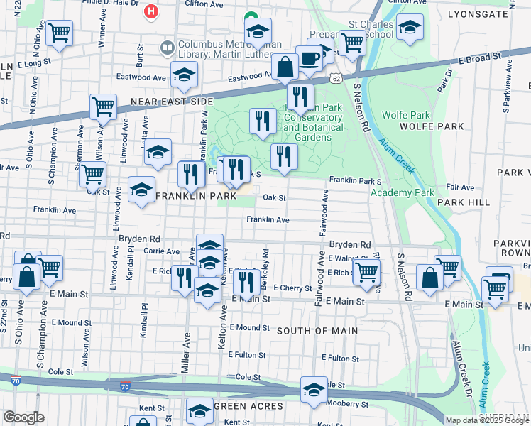 map of restaurants, bars, coffee shops, grocery stores, and more near 1636 Franklin Avenue in Columbus